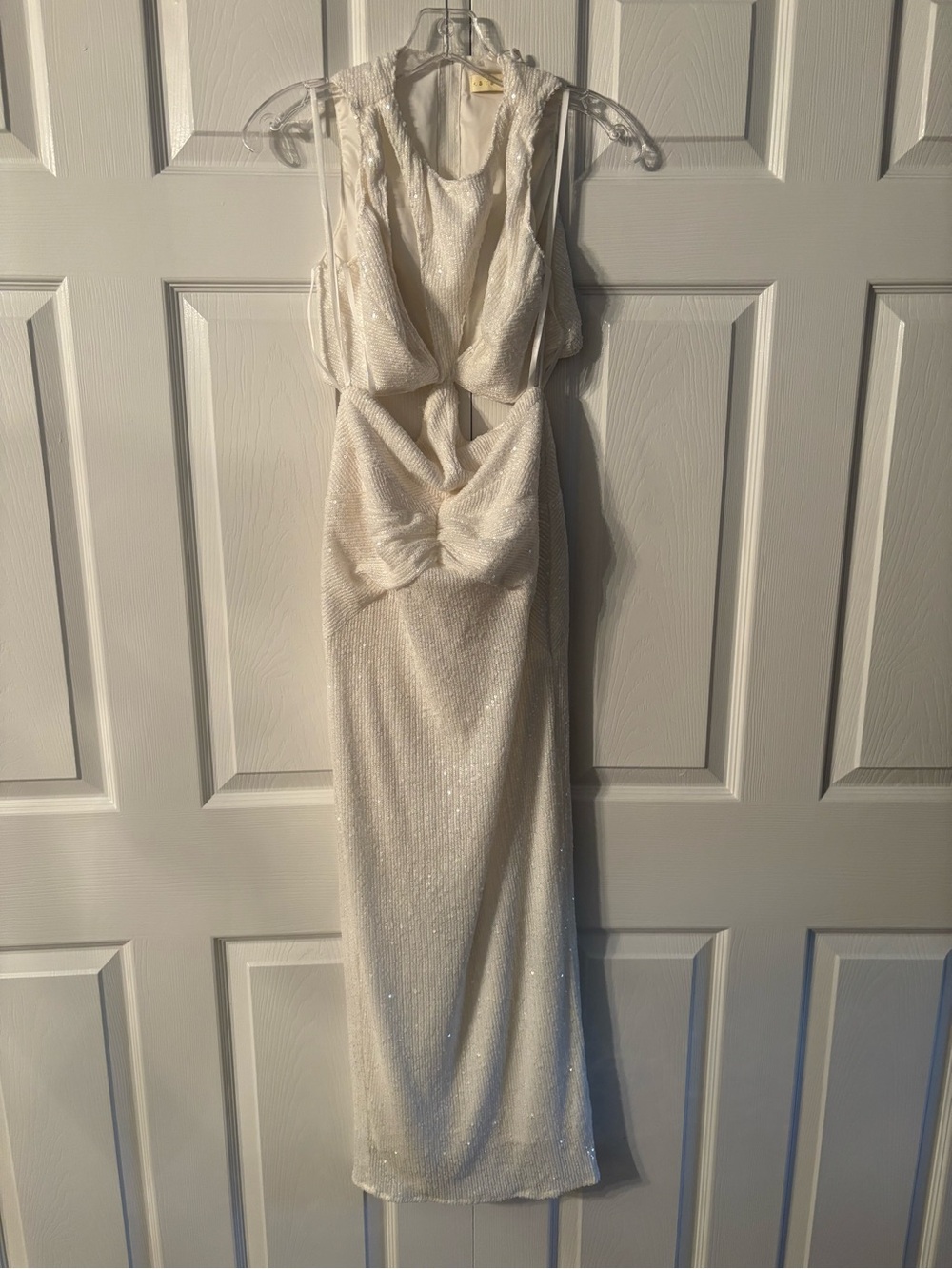 Abyss By Abby Champagne Sequin Twist-Front Halter Midi Dress